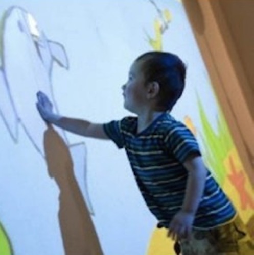 image of a boy touching a picture of a dolphin