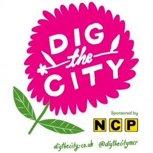 Dig the city logo - a flower with the words - dig the city and the ncp logo